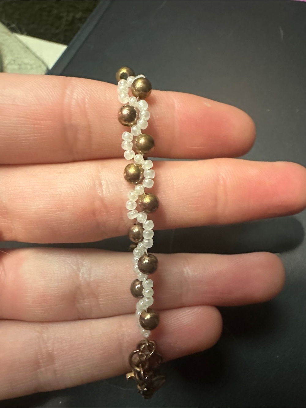 Handcrafted White and Bronze Beaded Bracelet